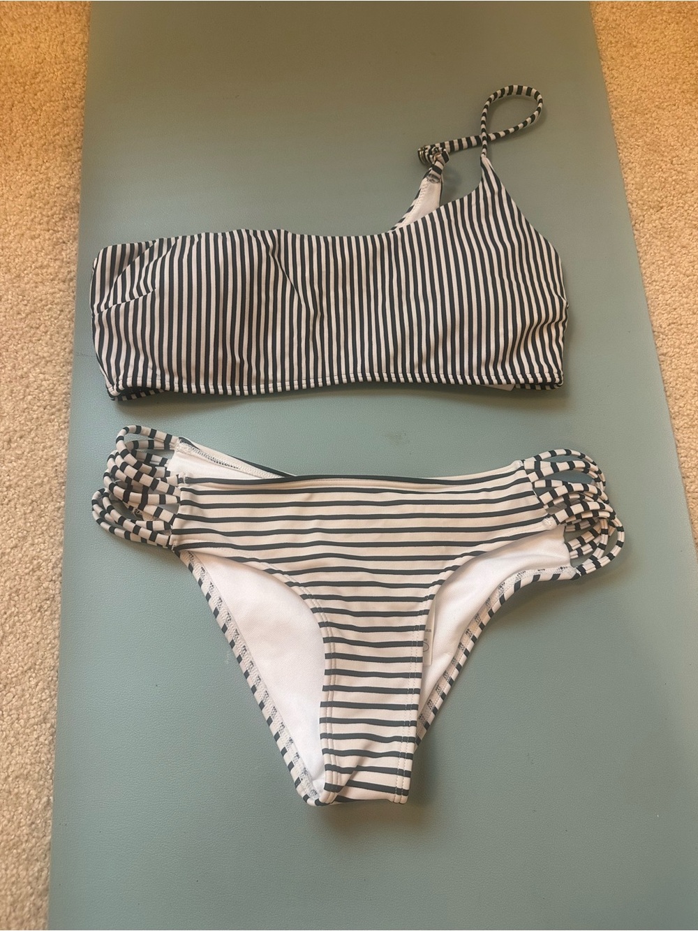 Striped One-Shoulder Bikini Set - Black & White